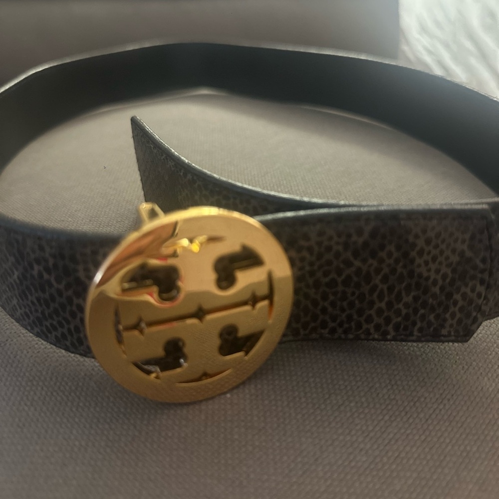 Tory Burch grey python womens belt gold buckle